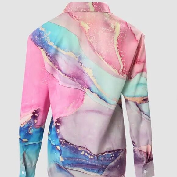 💼 Buyer Rated 5⭐️ Casual Marble Watercolor Print Long Sleeve Button Down Shirt. - Picture 9 of 9